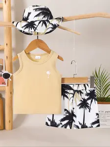 Boys' Coconut Tree Print Vest Shorts Set with Hat Outfit, Casual Set, Summer Beach Vacation & Daily Wear, Comfortable Cotton for Kids