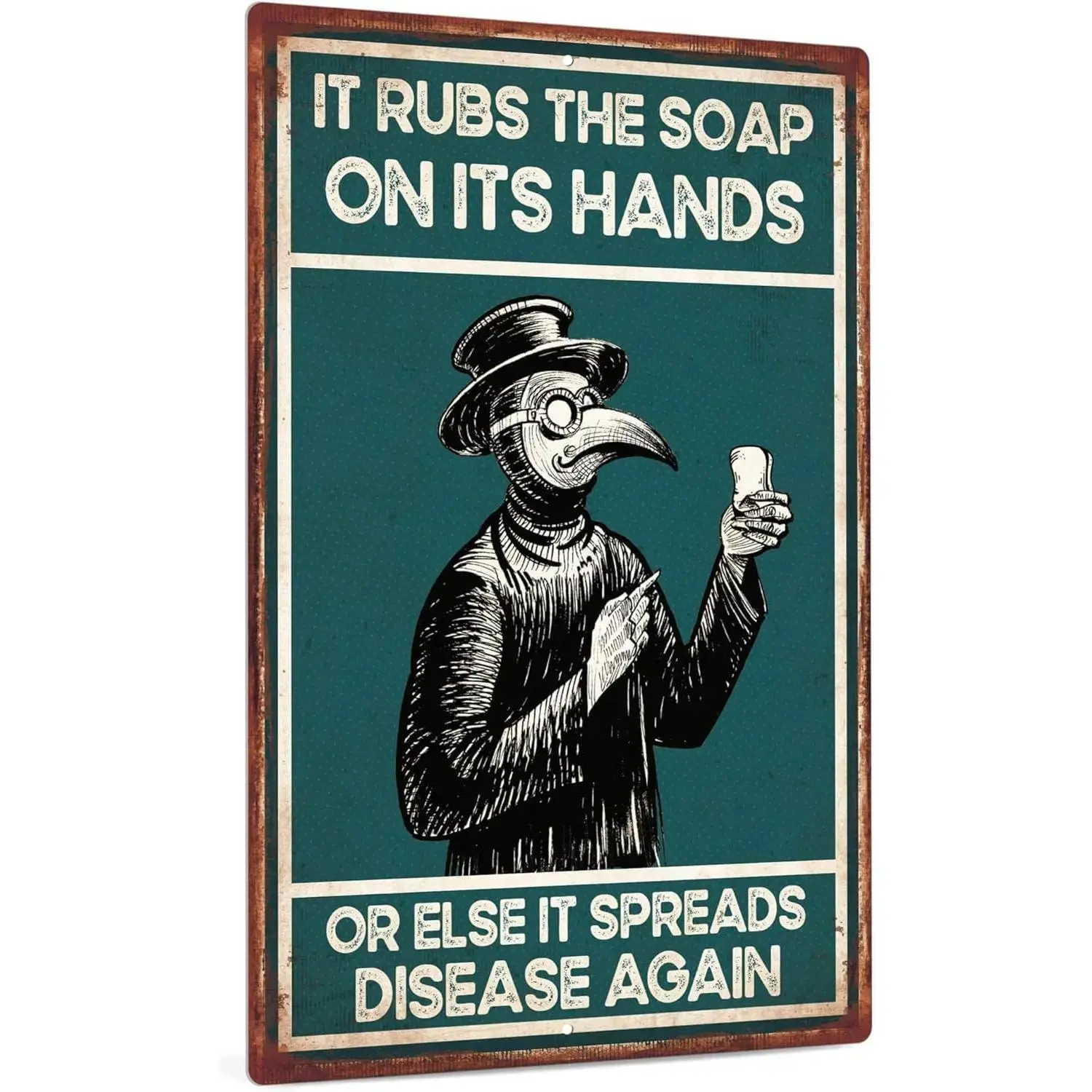 Funny Plague Doctor "Rub The Soap" Vintage Metal Sign - 8x12 Inch Gothic Bathroom Wall Decor, Perfect Gift for Horror & Bathroom Lovers
