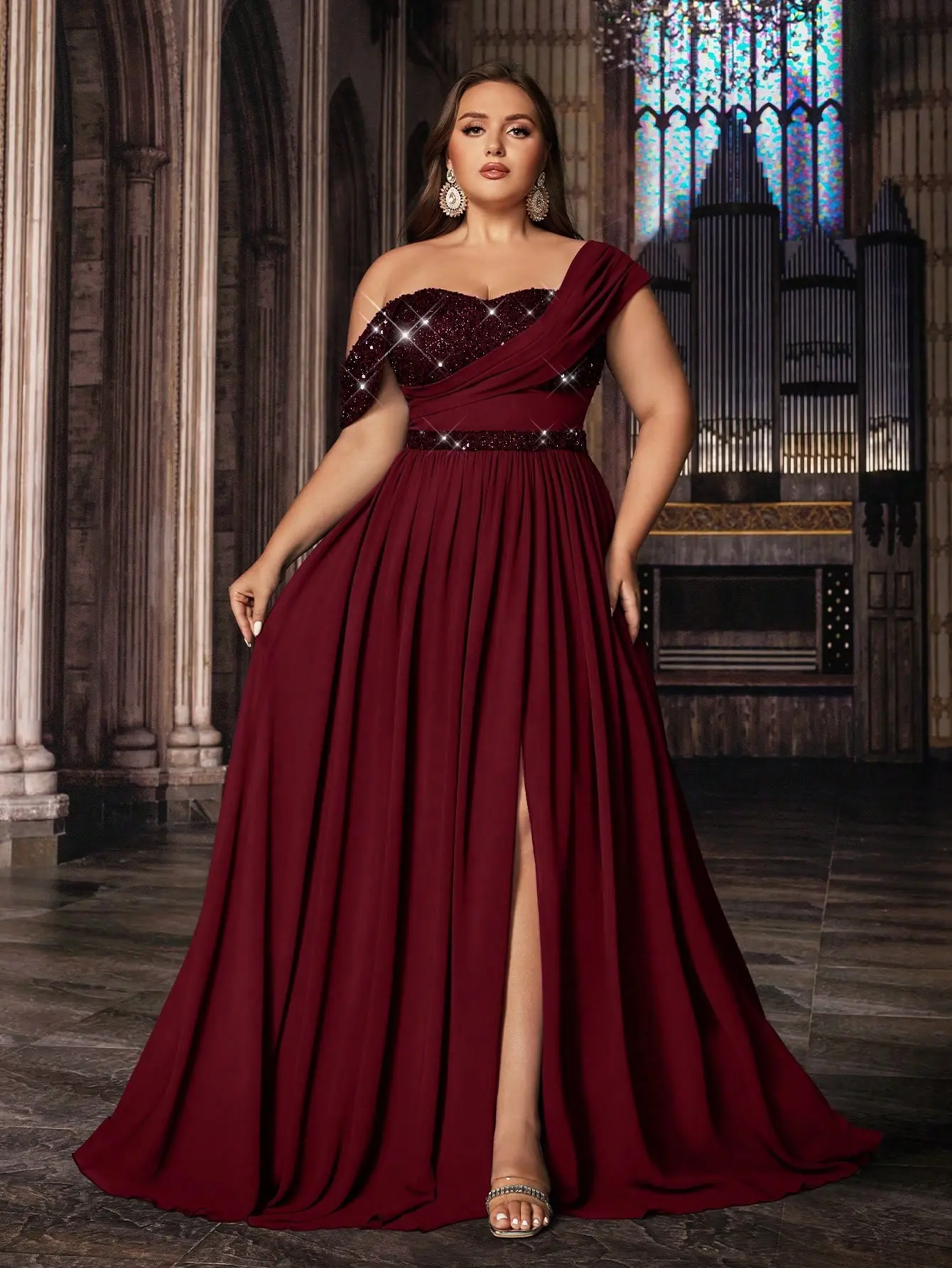 Plus Size Burgundy One-Shoulder Chiffon Evening Gown, Sequin Bodice High  Slit Formal Evening Dress for Wedding Guest & Prom - TikTok Shop