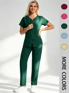 High Elasticity Breathable Scrub Set, Zipper Top with Multiple Pockets, Suitable for Nurses, Dentists, Spa, Beauty Salons, Elderly Care, Child Clinics