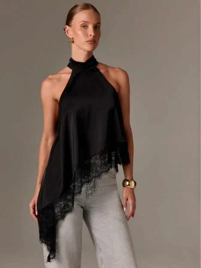 MISSORD Women's Soft Modern Plain Sleeveless Satin Halter Neck Top, Asymmetrical Patchwork Lace Details, Ideal for Evening Wear