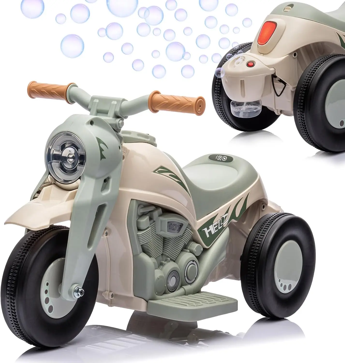 Battery-Powered 6V 3-Wheeler Ride-On Bubble Motorcycle for 4-6 Years Kids, Beige Toy with Built-in Bubble Maker, LED Lights, Music, Horn, Low Profile Design, Slick Tires, 3-Point Seat Belt, Truck Sounds, Max 77 lbs Christmas/Birthday Gift