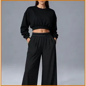 Outdoor Passionshop  2025 Women's Fall Winter Trend 2-Piece Set - Cropped Terry Cloth Long Sleeve Sweatshirt & Black Quick-Dry Trousers. Soft Stretch, Breathable for Office Commute, Daily Wear & Casual Outings.