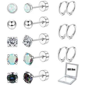 8 Pairs Titanium Surgical Steel Earrings for Women Men Hypoallergenic Flat Back Stud Earrings Non Tarnish Jewelry