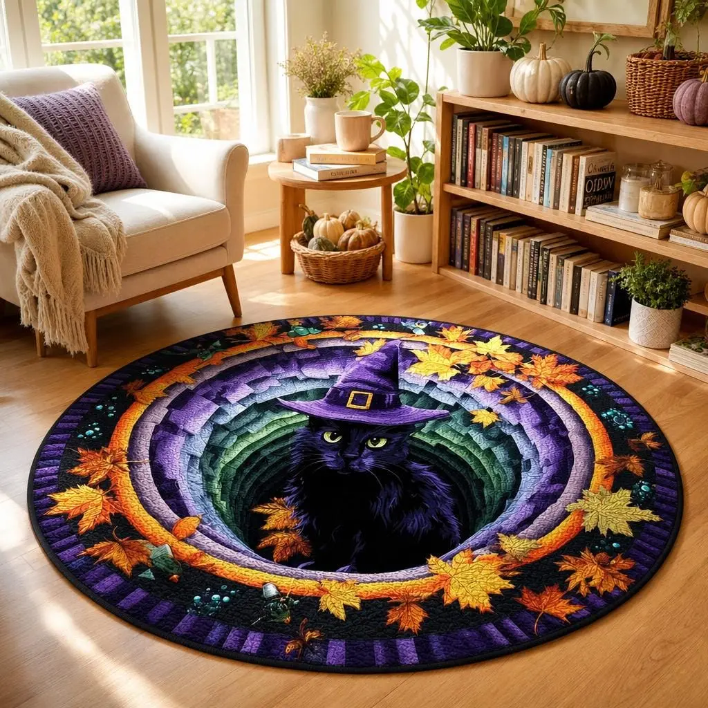 Halloween Black Witch Cat Circle Rug – 3D Vortex Illusion Round Floor Mat, Spooky Autumn Leaves Witchy Home Decor