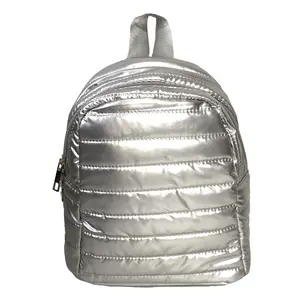 Fashion Culture Women's Metallic Quilted Mini Sling Casual Backpack - Soft Fabric, Lightweight, Functional Silver Bag for Daily Use