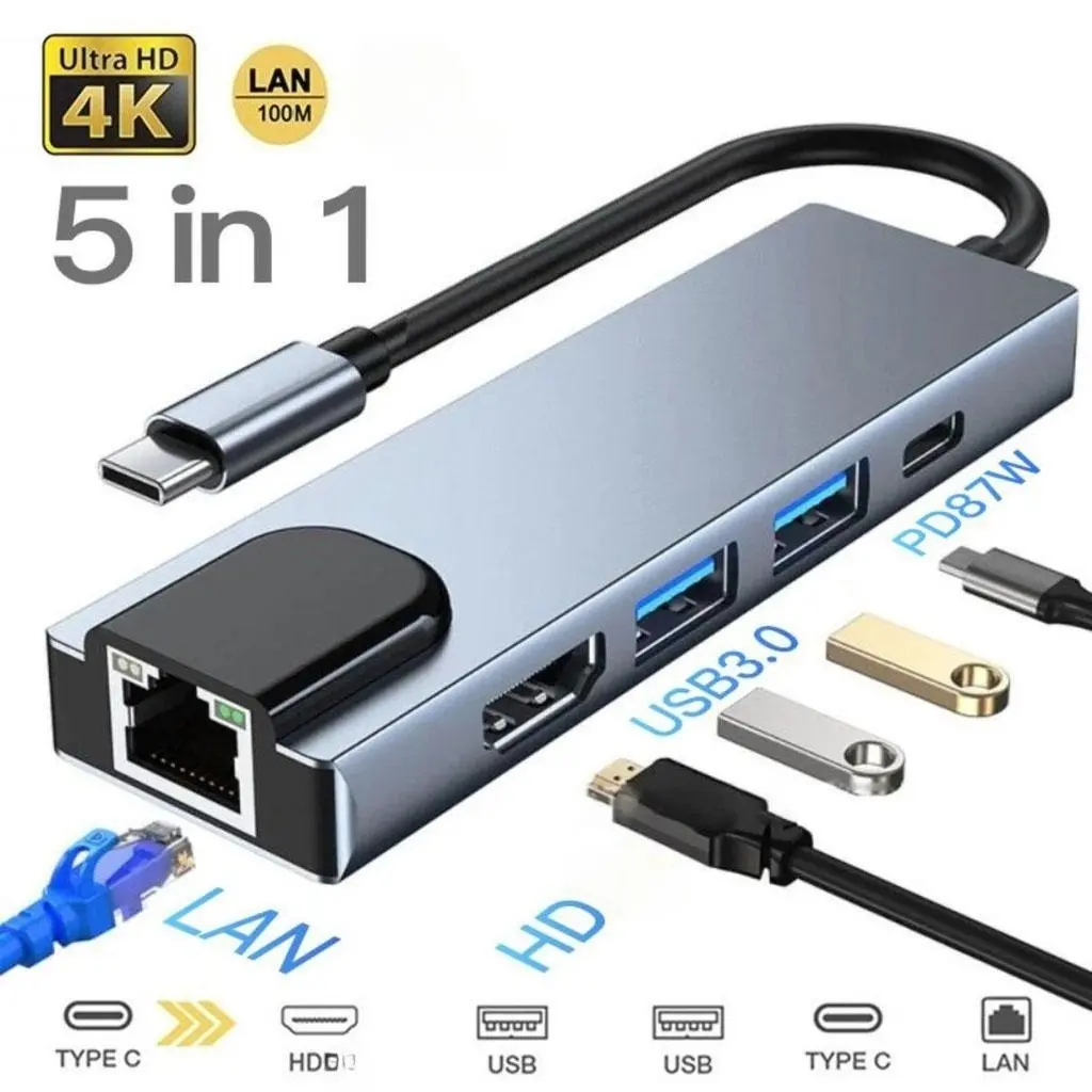 5 in 1 HDTV Rj45 Usb3.0 PD Type-C HUB Adapter, Compatible with MAC and Windows Computers, Multi-Interface Converter, Portable USB Hub