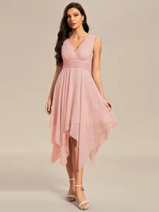 Ever-Pretty V Neck Ruched Asymmetrical Hems Midi Chiffon Bridesmaid Dress in Blush Pink with Concealed Zipper Closure & Minimalist Fit 03143