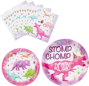Watercolor Dinosaur Party Supplies - 48PCS Dino Party Supplies Tableware Kit for Girls Disposable Birthday Party Decorations Baby Shower Dinner Dessert Paper Plates Napkins Serves 16 Guests
