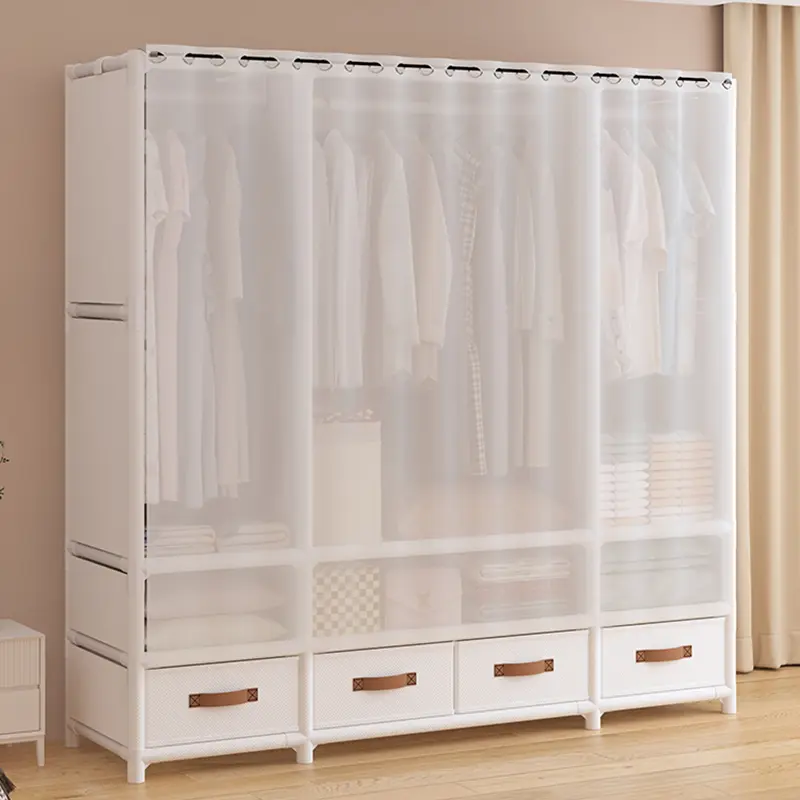 “56” Large White Japanese-Style Wardrobe — 3 hanging rods, 4 drawers, and 6 shelves; portable wardrobe for bedrooms capacity heavy duty organixe organization entryway rack non-woven fabric closet