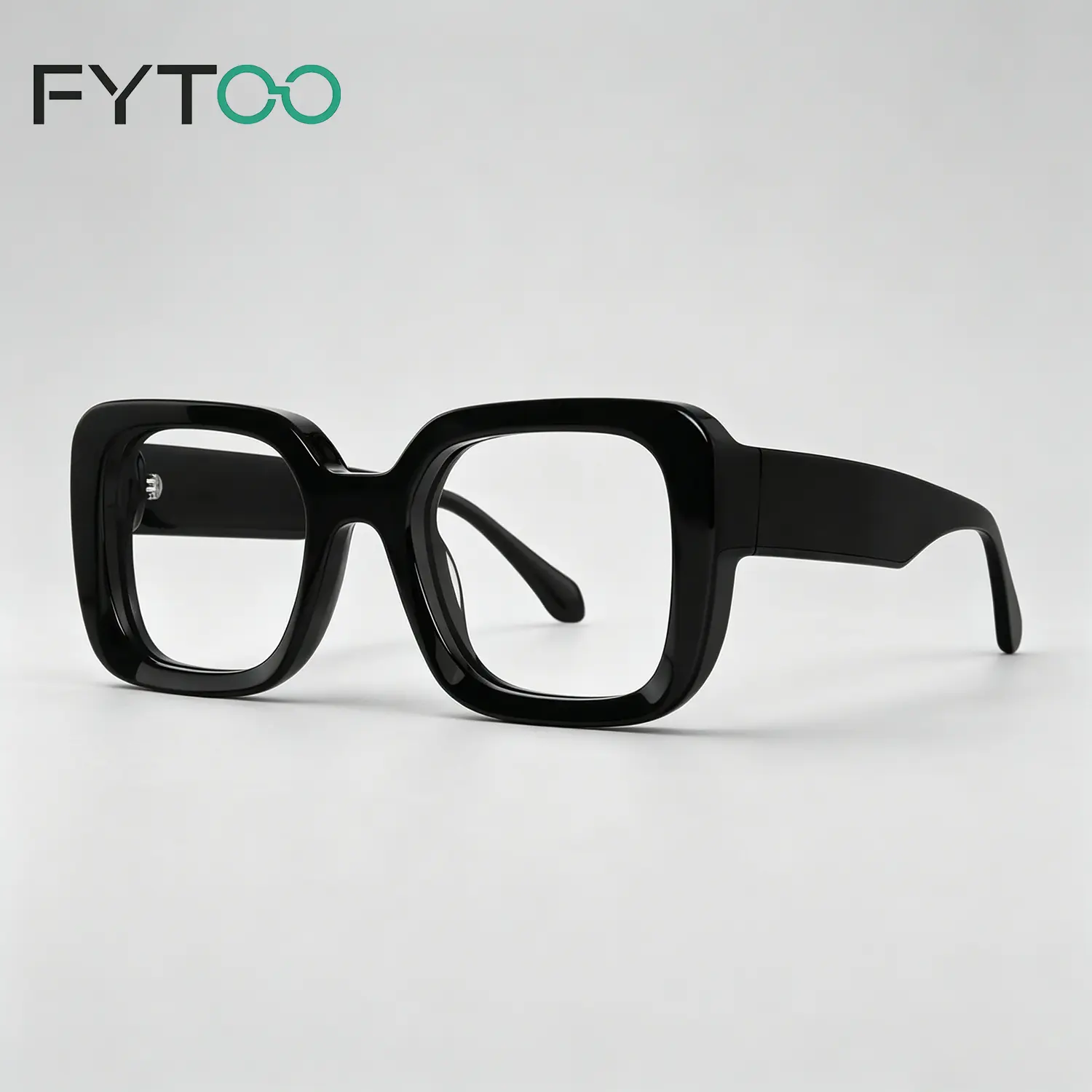 FYTOO Glossy Black Thick Square Acetate Glasses, Bold Retro Statement Eyeglasses 1660-01