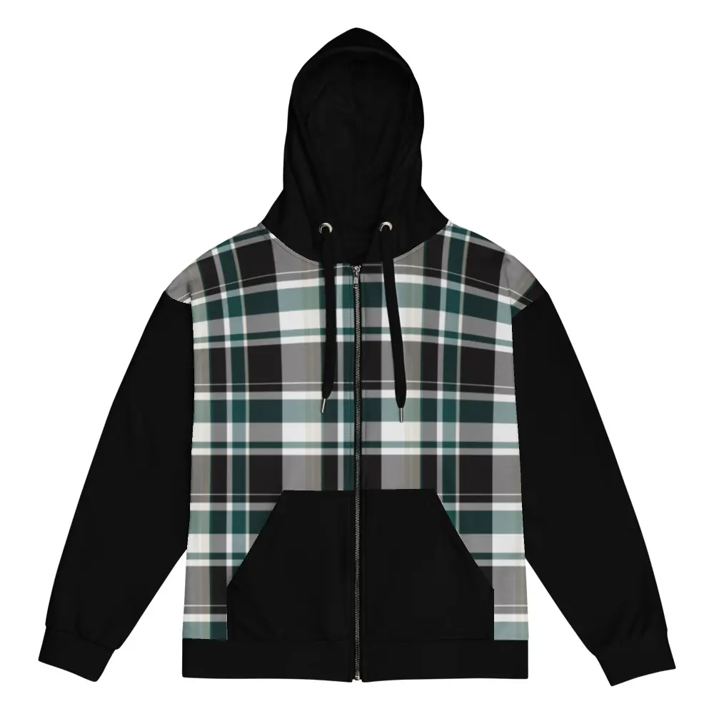 The Corry Check Zip Hoodie, Casual Plaid Zip-Up Hoodie, Full Front Zip Closure, Premium Quality, Polyester Fabric with Brushed Fleece Interior, Relaxed Fit, Black, Gray, White, Green Plaid, Solid Black Sleeves, Hood, and Pocket, Streetwear Menswear