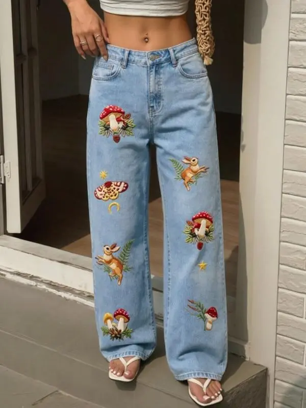 Women's High Waist Jeans, Wide Leg Light Wash Denim with Mushroom & Star Spray Print - Comfortable Summer Style, Bottom, Casual