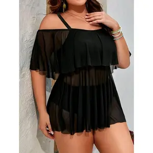 [ Plus Size] Solid Color Tankini Set, Sexy Sheer Dress & Swim Knicker, Women's Swimwear for All Seasons, Tankini Swimsuits Women, Tankini Tops Outfit, Summer Tankinis Set, Tankini Set Bathing, Tankini Swimdress