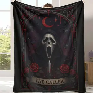 Caller Flannel Blanket Scream Mask Custom Graphic Digital Printing Film-Themed Halloween Blanket Soft Cozy Lightweight Bedding Throw For Movie Nights Unique Gift For Adults Classic Slasher Film Fans 90s Cinema Nostalgia Premium Fleece Throws