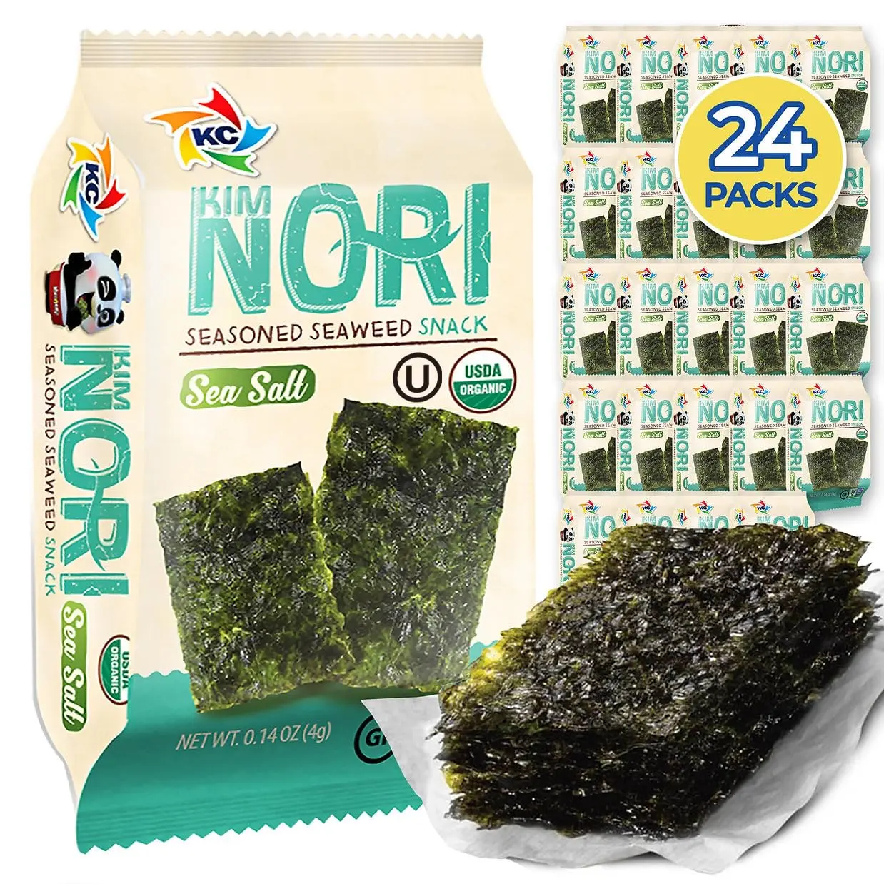 KIMNORI Organic Roasted Seaweed Snack Sheets, Sea Salt Flavor, 24 Individual Packs, Crispy Premium Natural Laver, Vegan, Gluten Free, Ready-to-Eat Snack, 4g (0.14 oz) Each