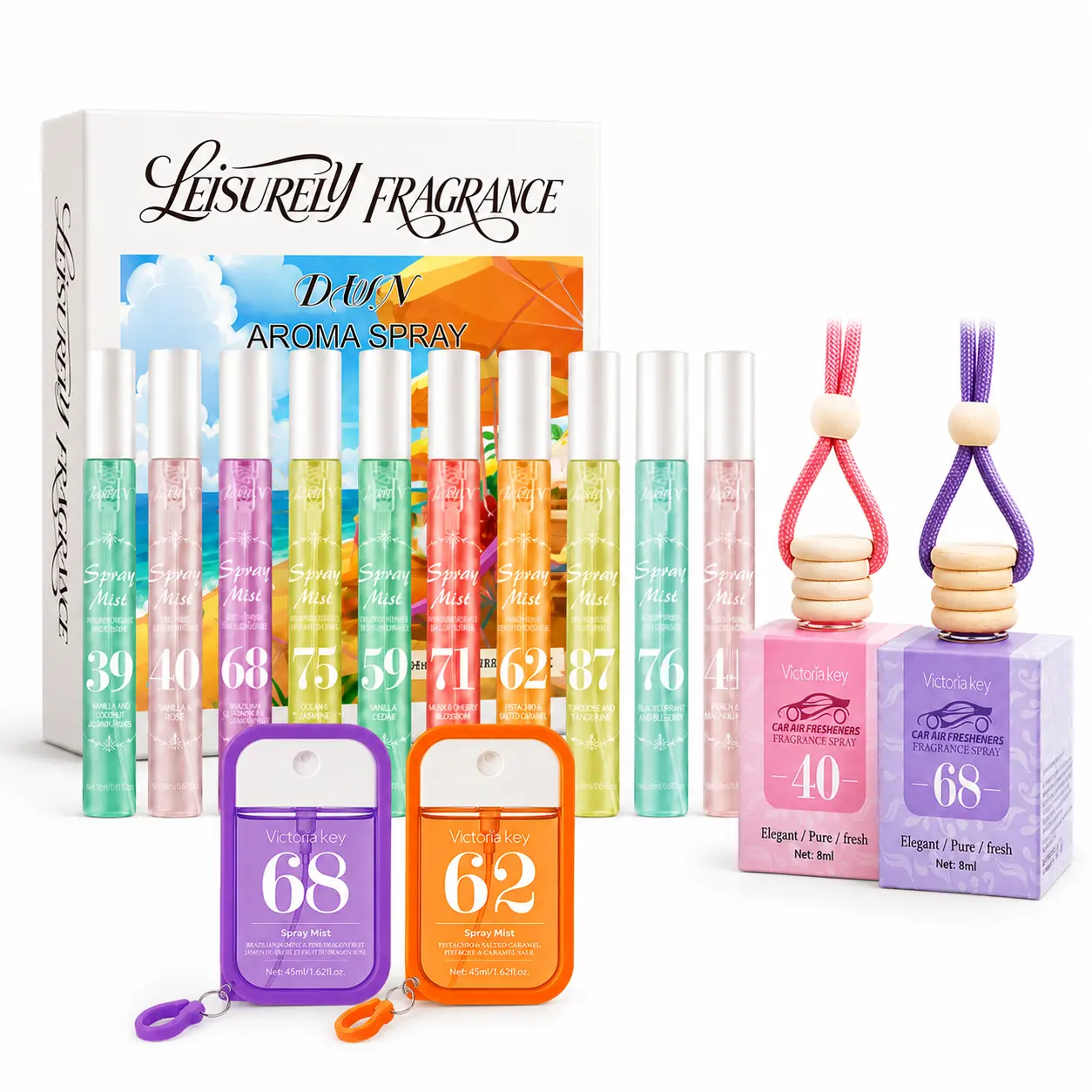 14-Piece Women's Fragrance Gift Set, 10 Travel-Size Hair and Body Perfume Mists, 2 Portable Pocket Sprays, 2 Hanging Car Air Fresheners, Fruity Floral Scents for Travel, Home and Gifting