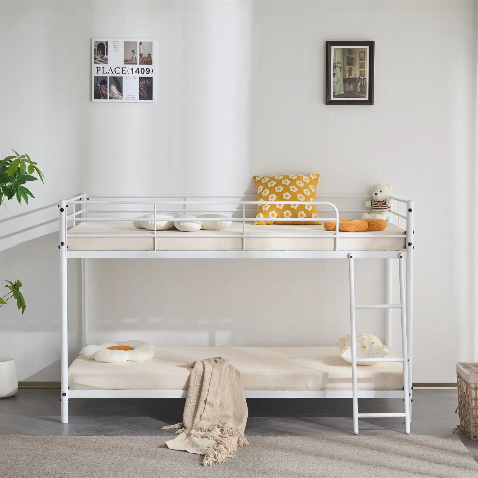 Twin Size Heavy-Duty Rust-Resistant Metal Bunk Bed with Ladder, Full-Length Guard Rails - White/Gray Modern Bedroom Bed Frame, Secure, Safe, Space-Saving, Durable, Assembly Required, 76.8x40.6x49.6in