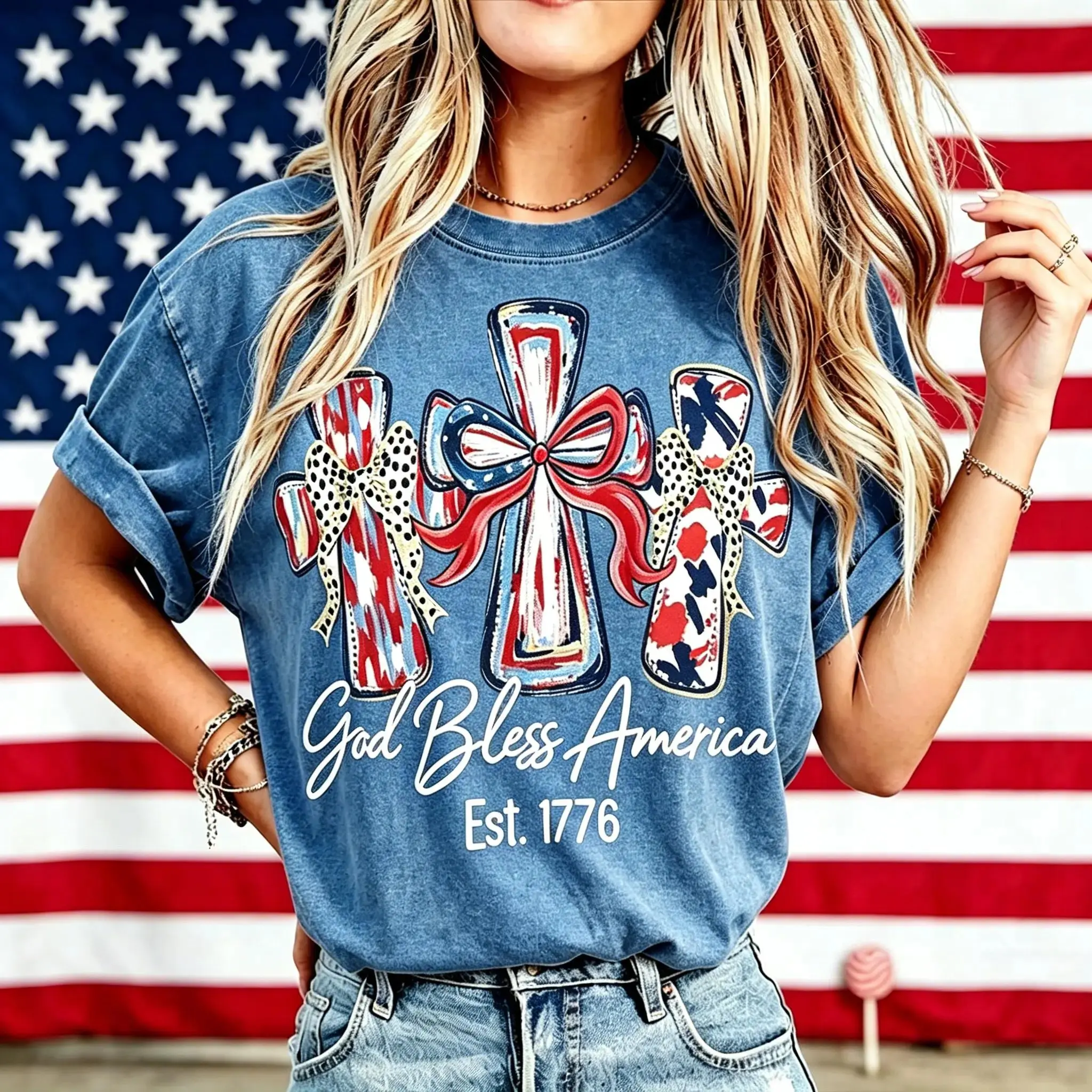 God Bless America Graphic Tee, Vintage Washed T Shirt, USA 250th Anniversary Patriotic Shirt, 4th of July Independence Day Tee, Unisex Cotton Short Sleeve Top, Christian America Celebration Shirt for Men and Women