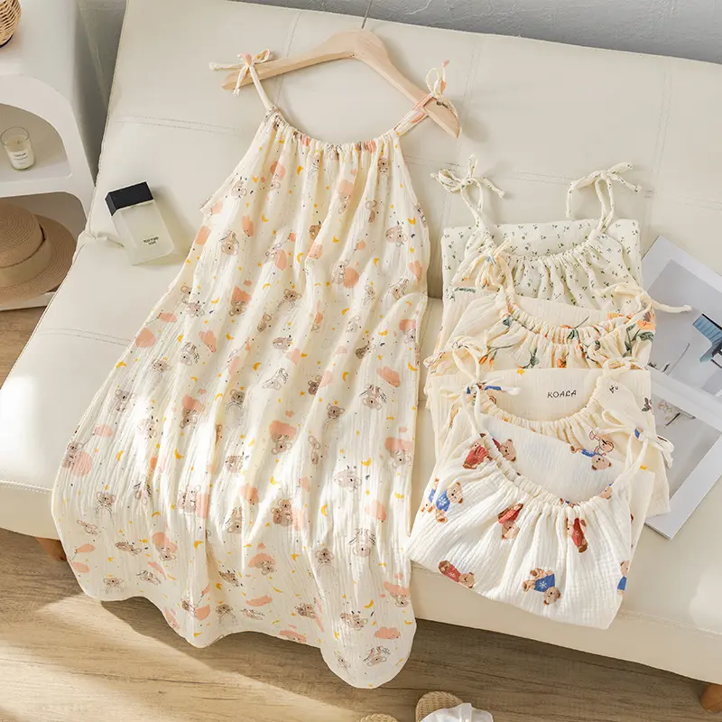 2026 Pure Cotton Gauze Nightgown for Women, 2025 Summer Sweet 100% Cotton  Gauze Mid-Length Crinkled Strap Maternity Dress - TikTok Shop