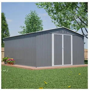 Metal Storage Shed 11x13 FT, Outdoor Garden Shed with Floor, Lockable Steel Tool House, 140.5 sq ft Weatherproof Shed with Vents - 3 Box Pack Gray + Metal