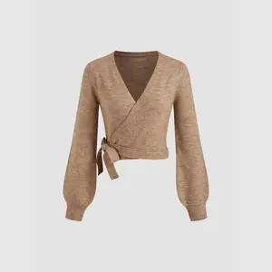 Cider [2 colors, size 2-26] Knitted V-neck Solid Knotted Wrap Cardigan