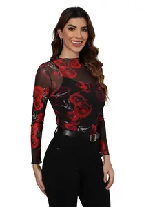 Women's Mesh Sexy Outerwear Slim Fit Rose Print Long Sleeve T-Shirt, Fashionable and Stylish Women's Clothing, Perfect for Everyday Wear