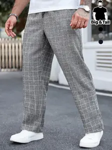 Men's Casual Checked Long Pants, Straight Leg Fashion Comfortable Flexible Waist, Business Golf Twill Pants, Casual Fitted Pants, All Seasons, Drawstring Waist