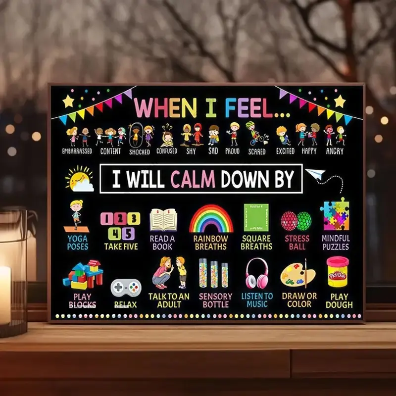 1pc Interactive Emotion Regulation Canvas Wall Art, Unframed Painting, Colorful Calming Strategies Decor with Phonetic Pronunciation, Fun Illustrations for Classroom & Home, Ideal for Teachers and Parents, Educational Tool, Unframed Wall Art