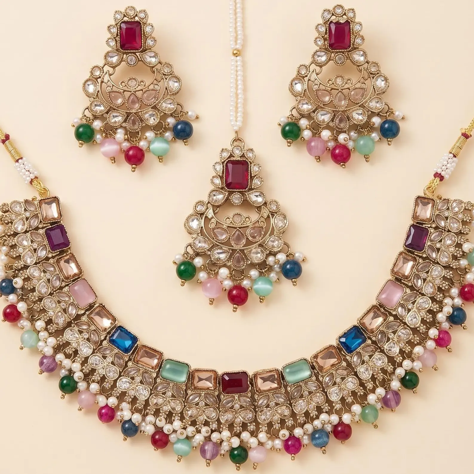 Inaya Bollywood Indian Polki Multicolor Necklace Set - Lightweight, for Weddings, Bridal Events, Festivals