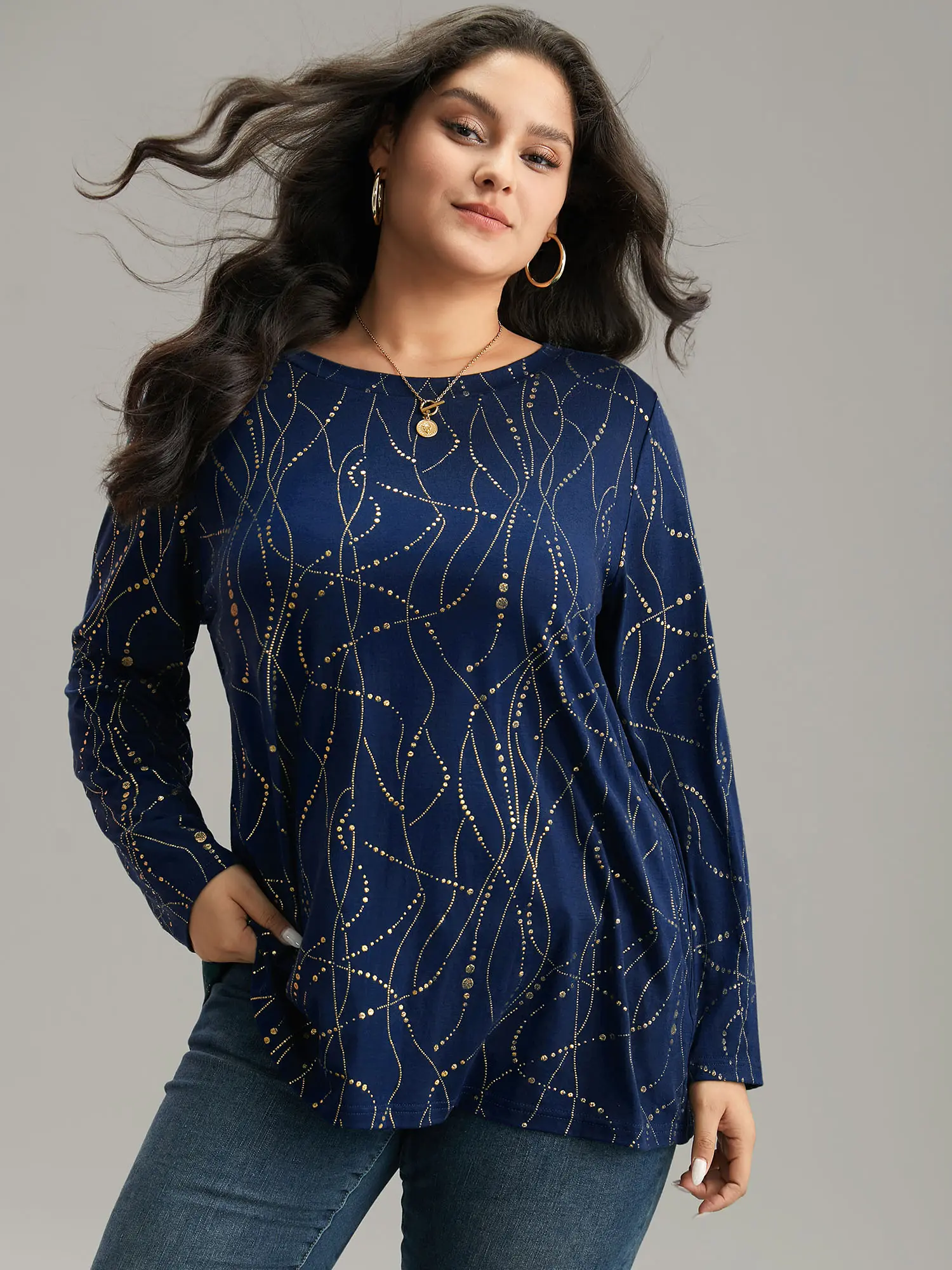 BloomChic Plus Size Casual Chic Polka Dot Blouse - Polyester Rayon Blend Top with Long Sleeves and Contrast Neck, Polka Dots