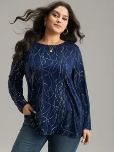 BloomChic Plus Size Lady's Navy Blue Polka Dot Printed Contrast Round Neck Long Sleeve Casual Shirt Blouse, Regular Fit, [M-6X] 2026 Summer Mother's Day Pick