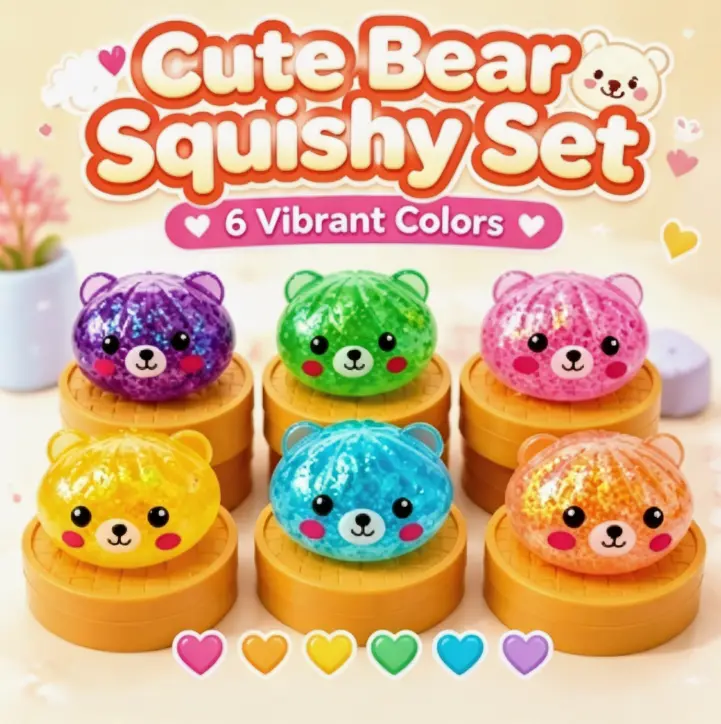 Cute little bear dumpling squeeze toy set, available in various colors. Soft, stress-relief toy that you can squeeze on the go, ideal as a small gift, candy bag filler, or holiday present.