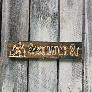 CNC Wood Bigfoot Sign - Sasquatch St. Design with Bigfoot and Trees, Perfect for Home Decor