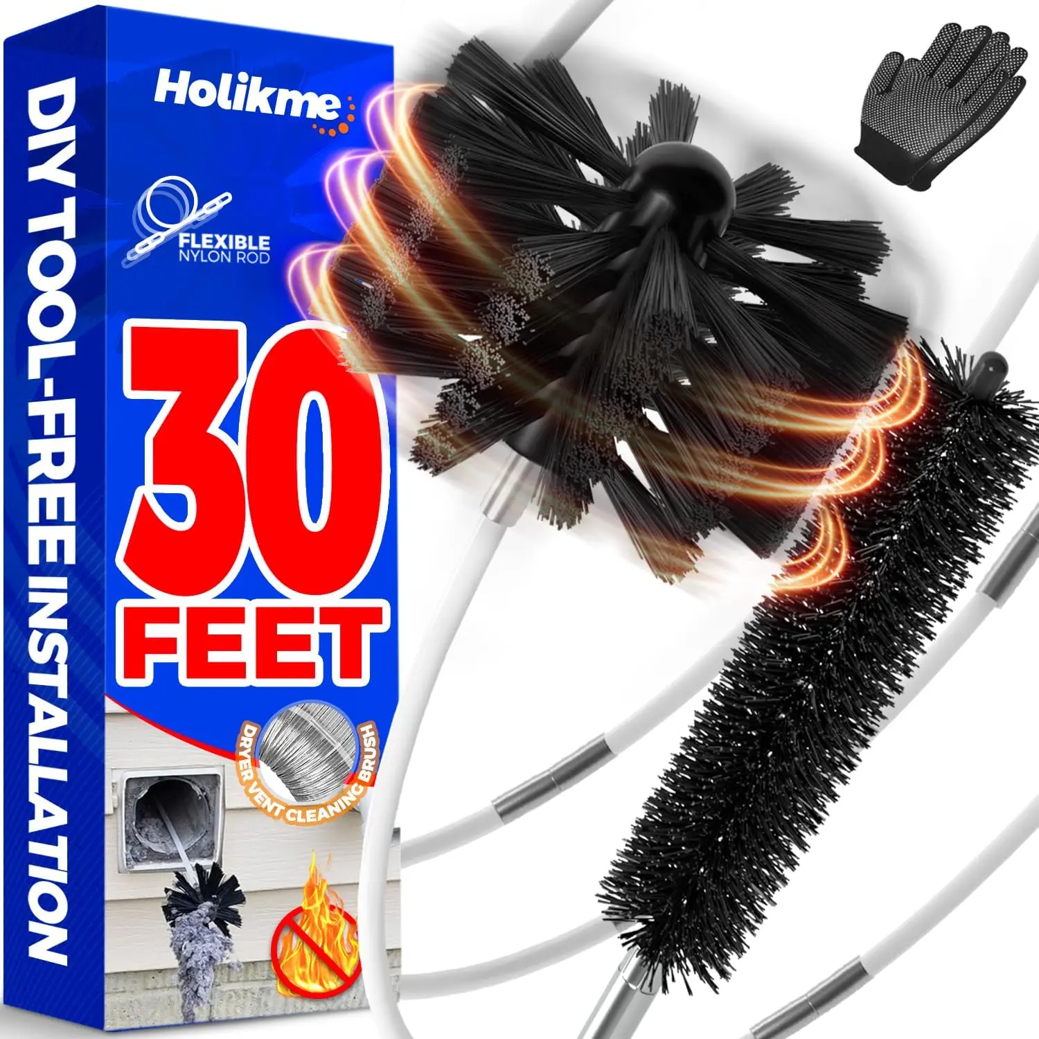 Holikme 30Ft Dryer Vent Cleaner Kit with Flexible Lint Brush and Drill Attachment for Dryer Duct, Chimney and Pipe Cleaning, Fire Risk Prevention