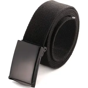 Cut To Fit Canvas Web Belt Size Up to 52" with Flip-Top Solid Black Military Buckle