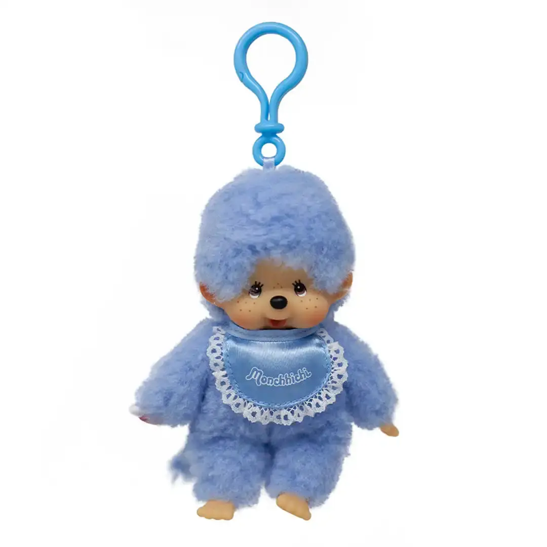 Collectible Plush Monkey Keychain with Blue Satin Lace Bib, 5.5-Inch Cute Clip-On Keyring for Handbags and Backpacks