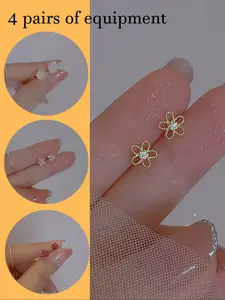 4 Pair Set Flower Tea Color Floral Themes Pendant Earrings, Cute Minimalist Hollow Brass Design with Synthetic Zircon, Elegant Gift for Valentine's Day and Thanksgiving