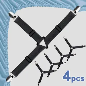 4pcs sheet fastening strap set, triangular adjustable elastic buckle with metal clips, heavy-duty sheet straps, suitable for fitted sheets, sheets, mattress covers, and sofa cushions, used to secure the sheets.