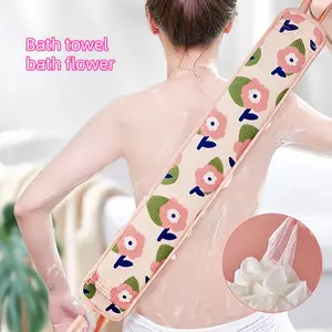 Bath Flower 2 in 1 Exfoliating Bath Towel and Back Scrubber with Powerful Stretch Back Wash Belt African Net Sponges Pink Tool for Personal Care Tool