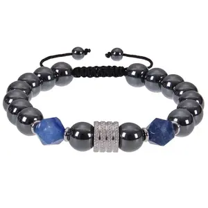 10mm Adjustable Hematite and Blue Aventurine Beaded Bracelet with Stainless Steel Center Bead