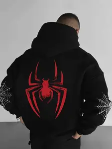 Unisex design, autumn and winter street style hooded sweatshirt with a spider pattern print, featuring cord fasteners and kangaroo pocket design. Perfect for everyday outings; comfortable fabric; stylish for the streets, versatile, trendy, suitable for ca