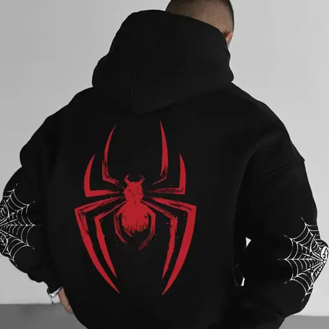Unisex design, autumn and winter street style hooded sweatshirt with a spider pattern print, featuring cord fasteners and kangaroo pocket design, perfect for everyday outings, comfortable fabric, stylish for the streets, suitable for ca Graphic Hoodies