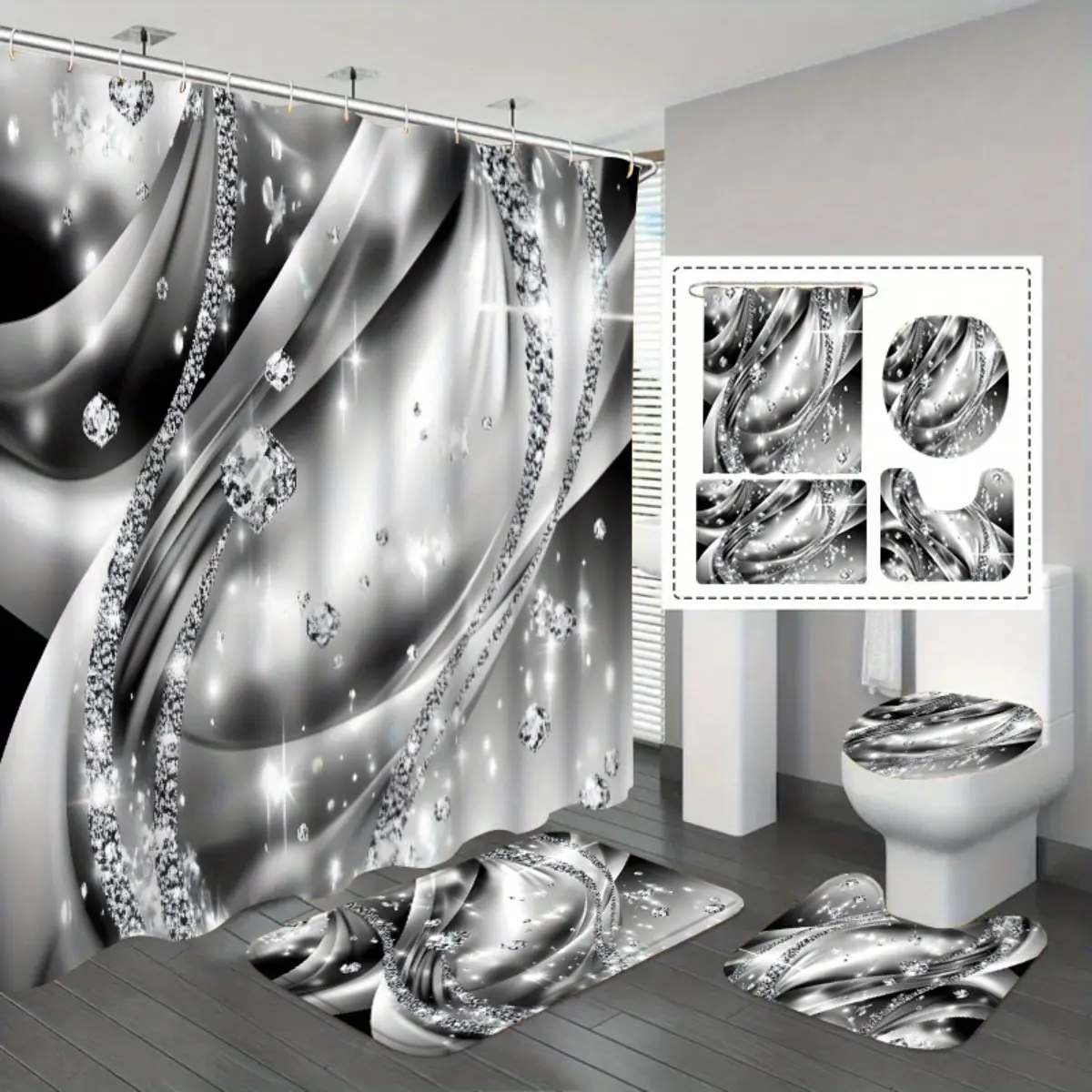 1/ 3/ 4pcs Sparkling Diamond Shower Curtain Set, Luxurious Diamond Bathroom Decoration, Includes Bath Mat, U-shaped Mat, Toilet Lid Cover, 70.87x70.87inch Shower Curtain with 12 Hooks, "Sparkling Diamond, Luxurious Diamond".