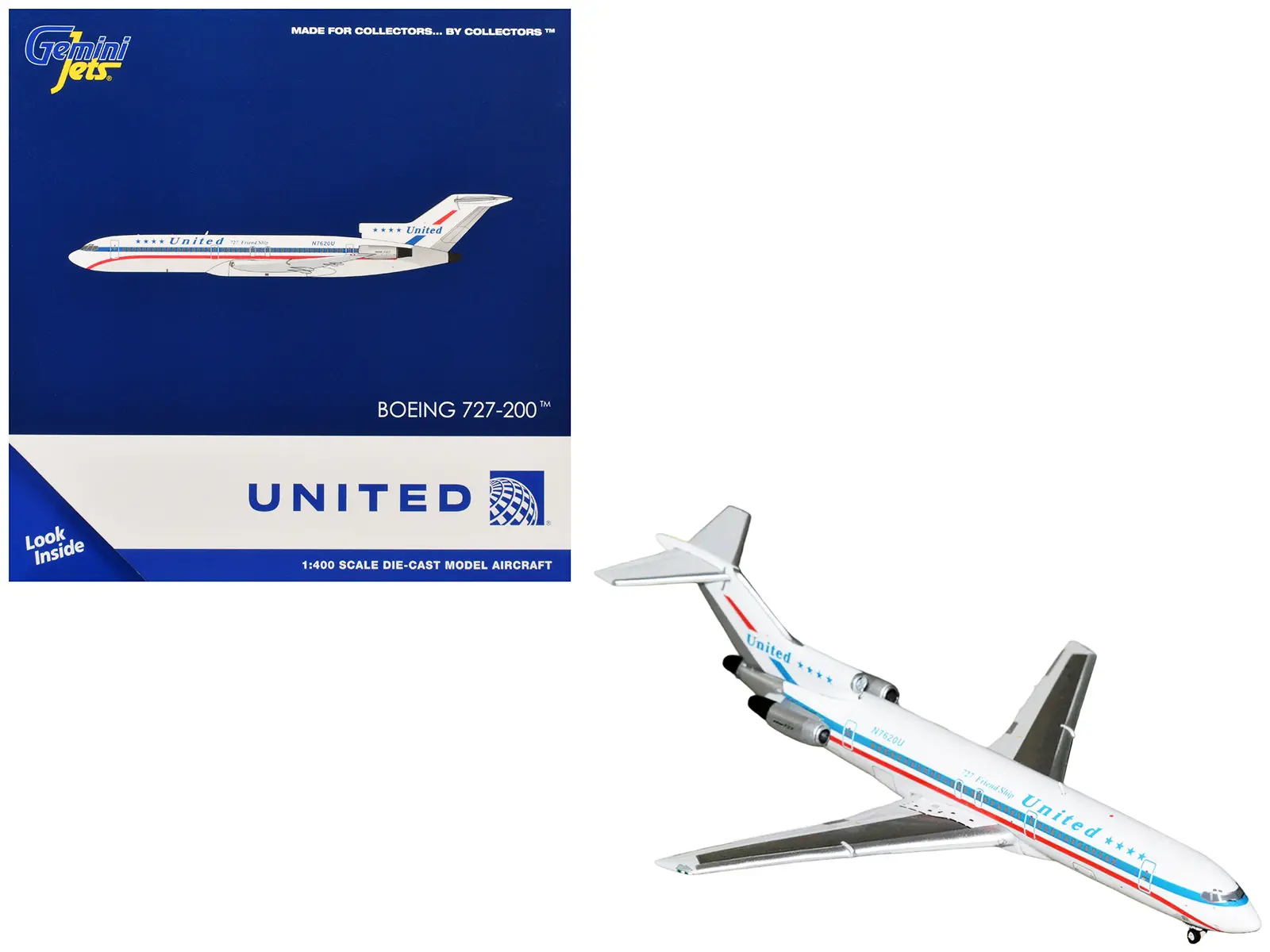 Boeing 727-200 Commercial Aircraft "United Airlines" (N7620U) White with Red and Blue 1/400 Diecast Model Airplane by GeminiJets