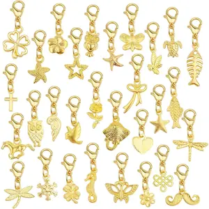 30 Pieces Golden Clip on Charm Pendants Mixed Styles Dangle Charms with Lobster Clasp Craft Supplies for DIY Earrings Jewelry Making Accessories