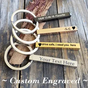 Custom 3D Bar Keychain Stainless Steel Four Side  Coordinates Keyring Personalized Engraved Key Chains Women Men Gift