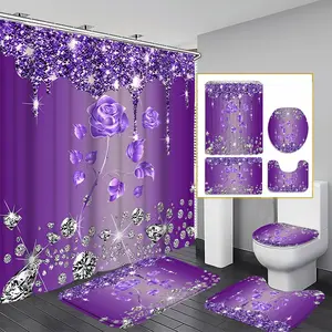 1/3/4PCS Purple Rose Shower Curtain set, Lavender Blossom Bathroom Decor, Accessories with Bath Mat, U-shaped Mat, Toilet Lid Cover, 12 Hooks 180x180cm Curtain, Floral Elegance, Home Decor, bathroom accessories.