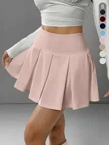 Women's Solid Color High-Waisted Mini Skirt Set Pleated Sports Skirt Playful athletic-inspired two-piece featuring flirty ruffled hem. Versatile summer essential for brunch dates to casual outings.