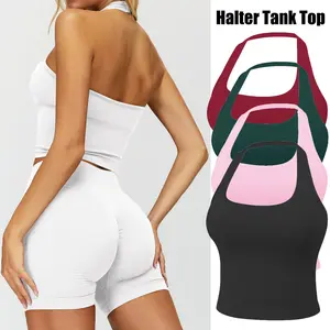 Jetjoy Women's Halter Longline Cami Top Tank Top, Ribbed Seamless Square Neck Workout Crop Tank Top for Yoga & Fitness Halter Tank Top Longline Backless Scoop Neck Sports Gym Crop Top